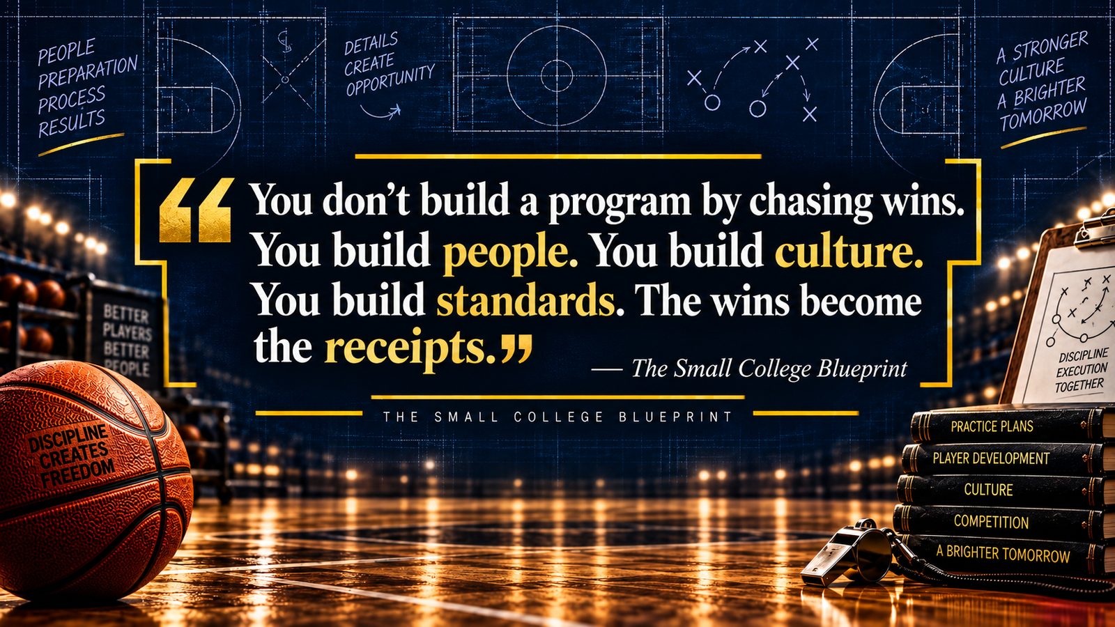 You don't build a program by chasing wins. You build people. You build culture. You build standards. The wins become the receipts. — The Small College Blueprint